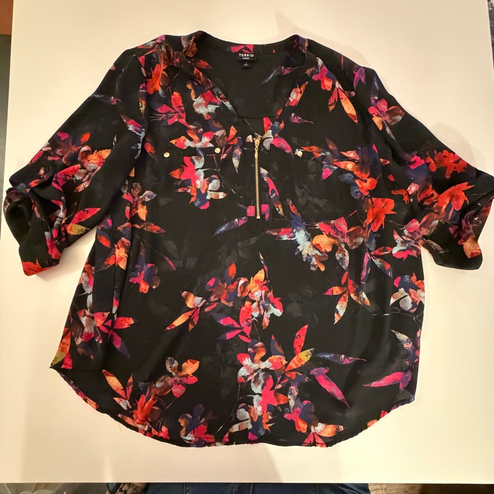Torrid Black Floral Blouse with Zipper Detail